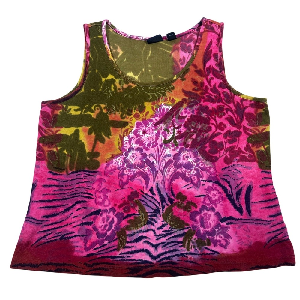 Y2K Kidcore Maximalist‎ patterned tie dye tank Floral animal pink green